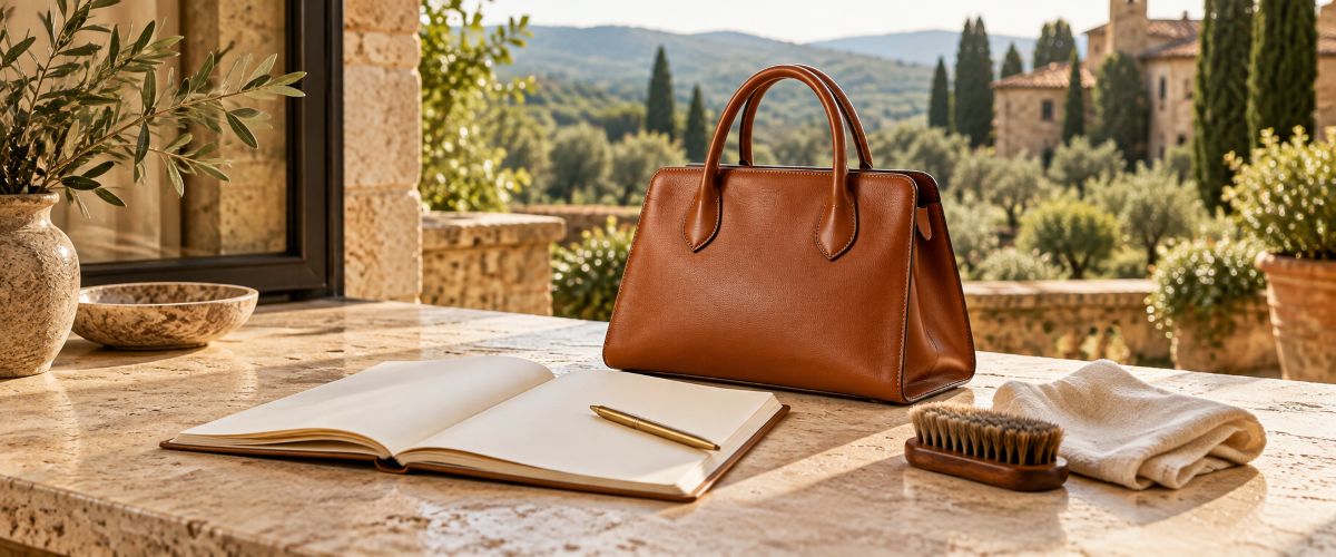 Leather bag, notebook and leather care tools in a Tuscan setting