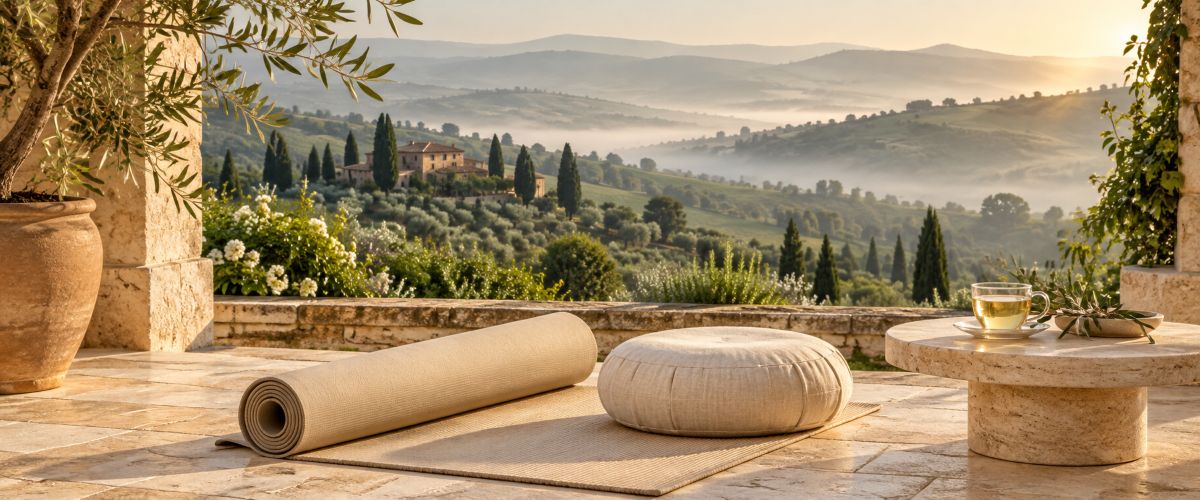 Yoga mat and herbal tea overlooking the peaceful Tuscan countryside